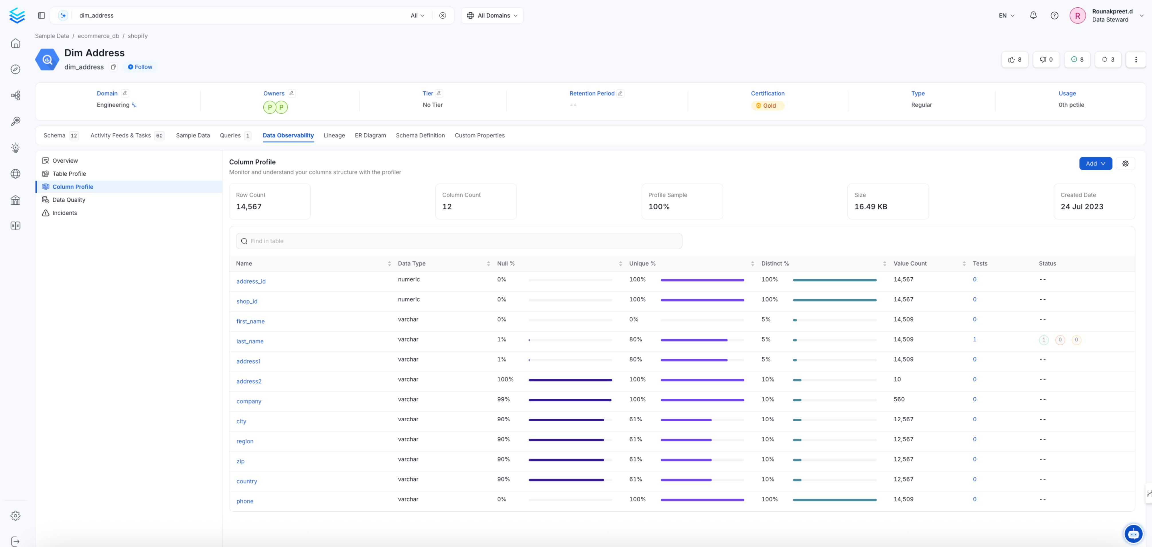 Column profile summary page